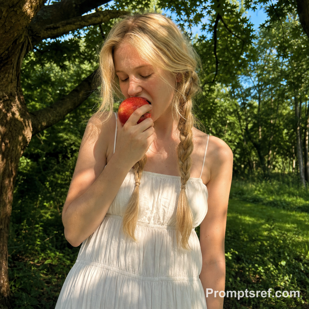 Candid Apple Bite in Dappled Woodland Light