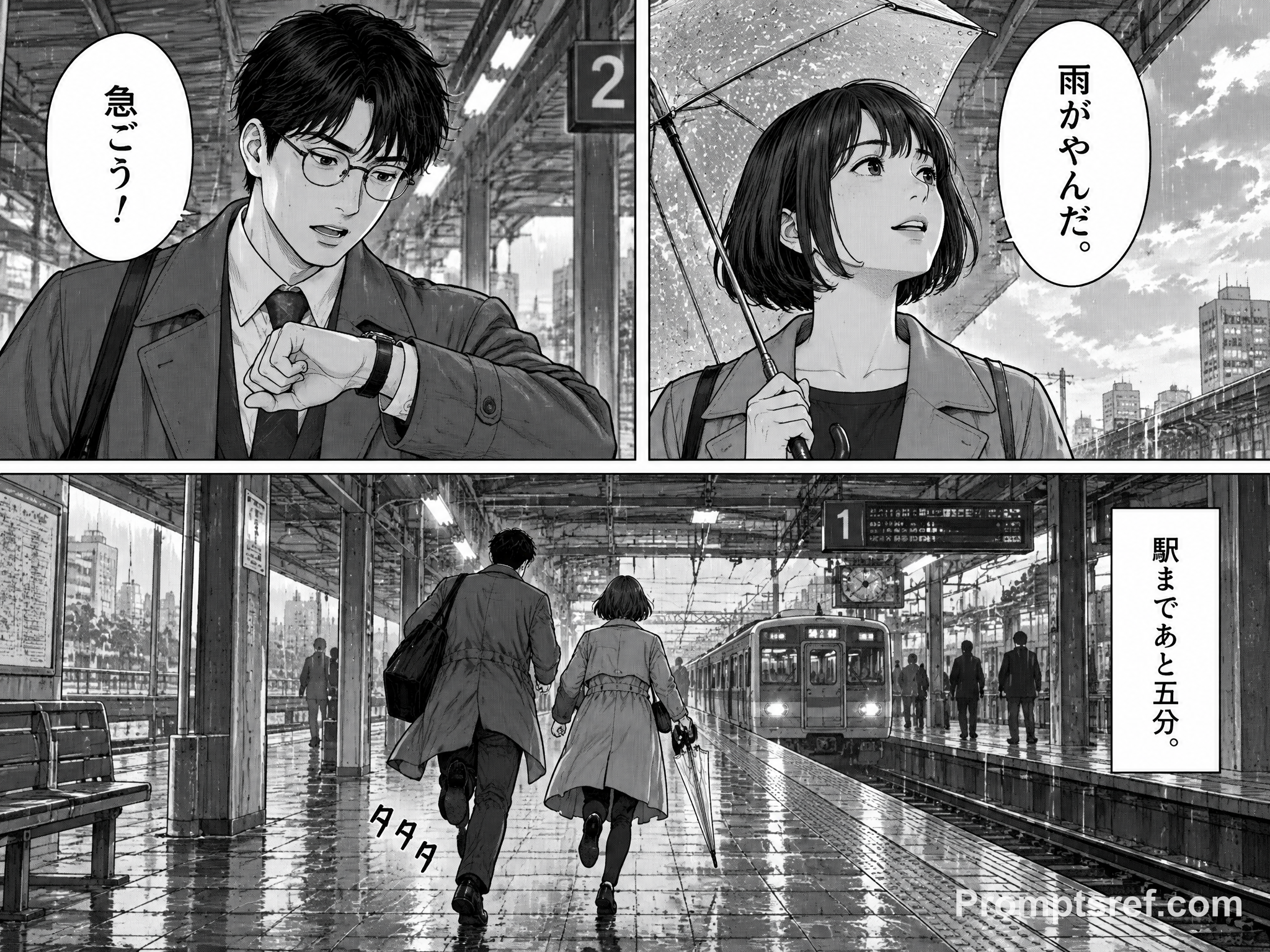 Manga einer regnerischen Station mit Rasterton