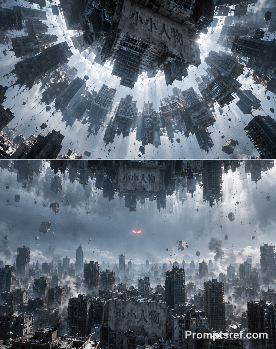 Inverted Ruined City, Cold Blue Photorealism
