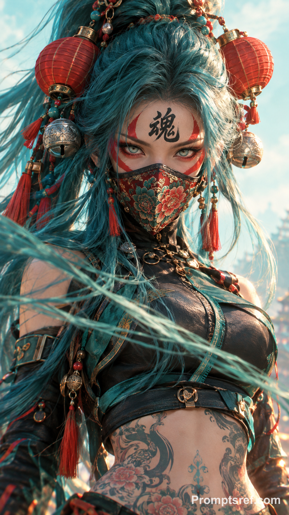 Teal-Haired Warrior with Lantern Ornaments