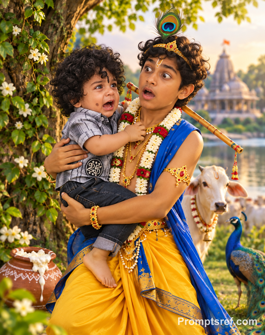 Erschrockener Krishna mit verängstigtem Baby