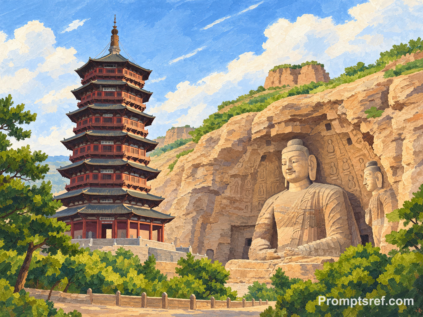 Turm und Buddha in flacher Acrylmalerei
