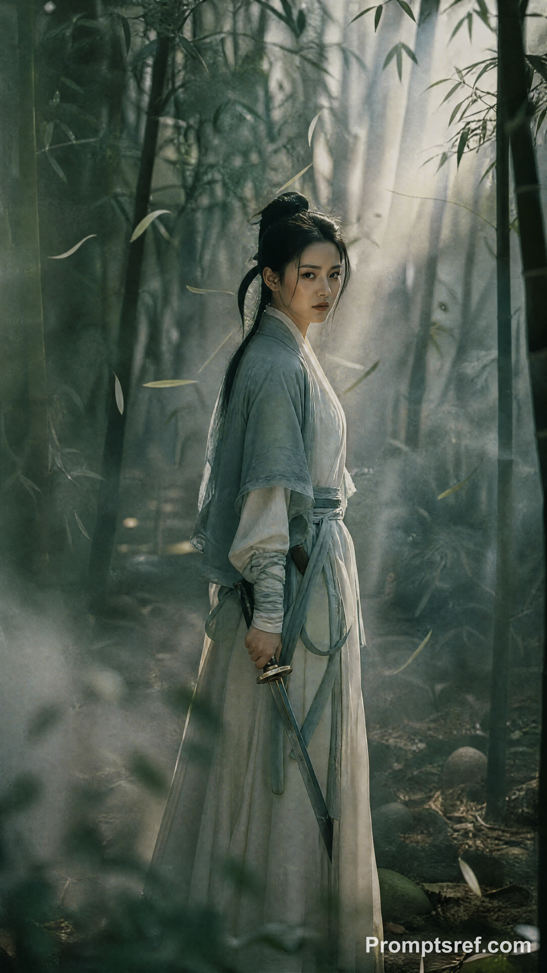 Ming Dynasty Swordswoman in Misty Ink Tones