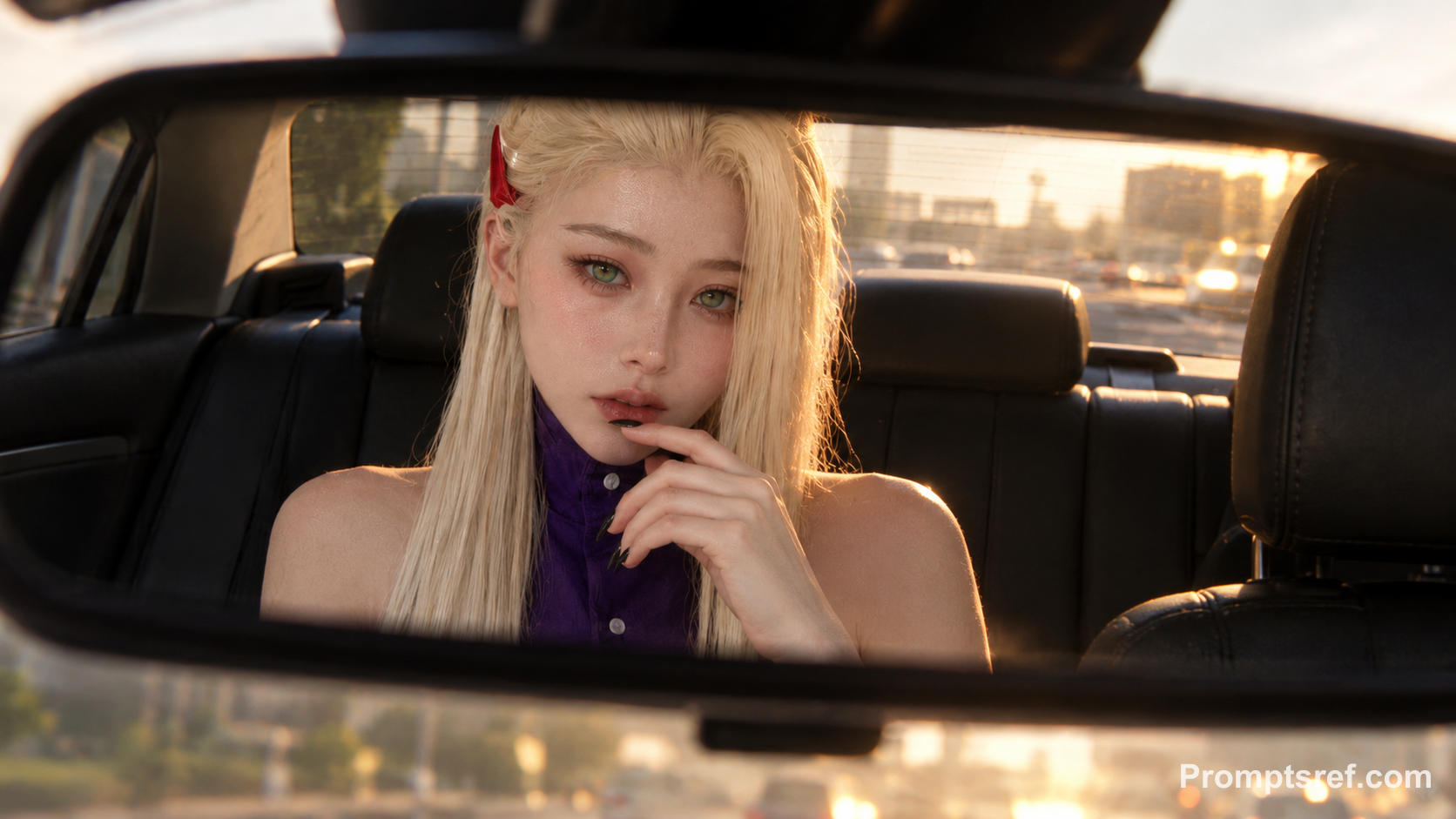 Golden-Hour Woman in a Rearview Mirror