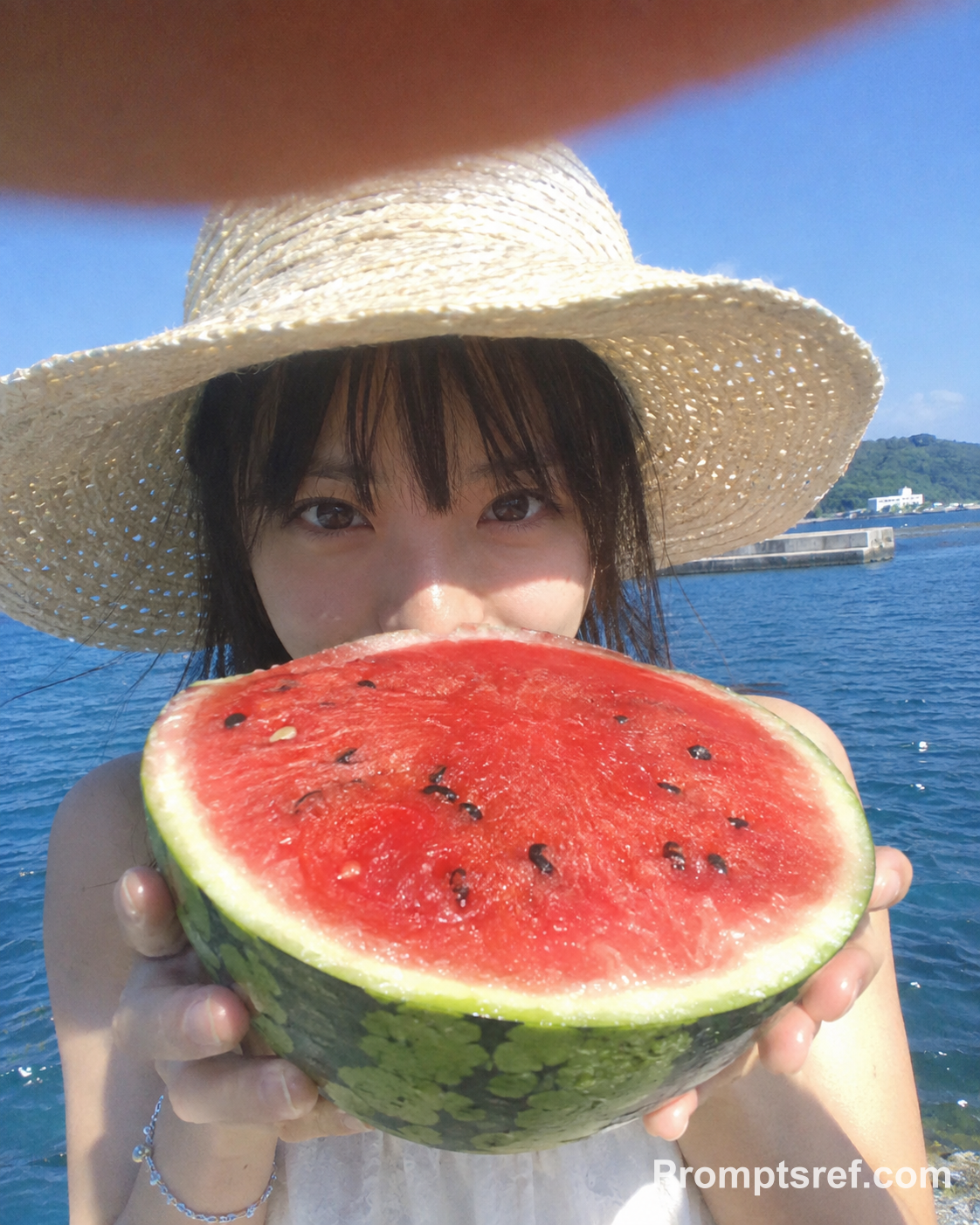 Watermelon Snapshot Under an Ivory Straw Hat
