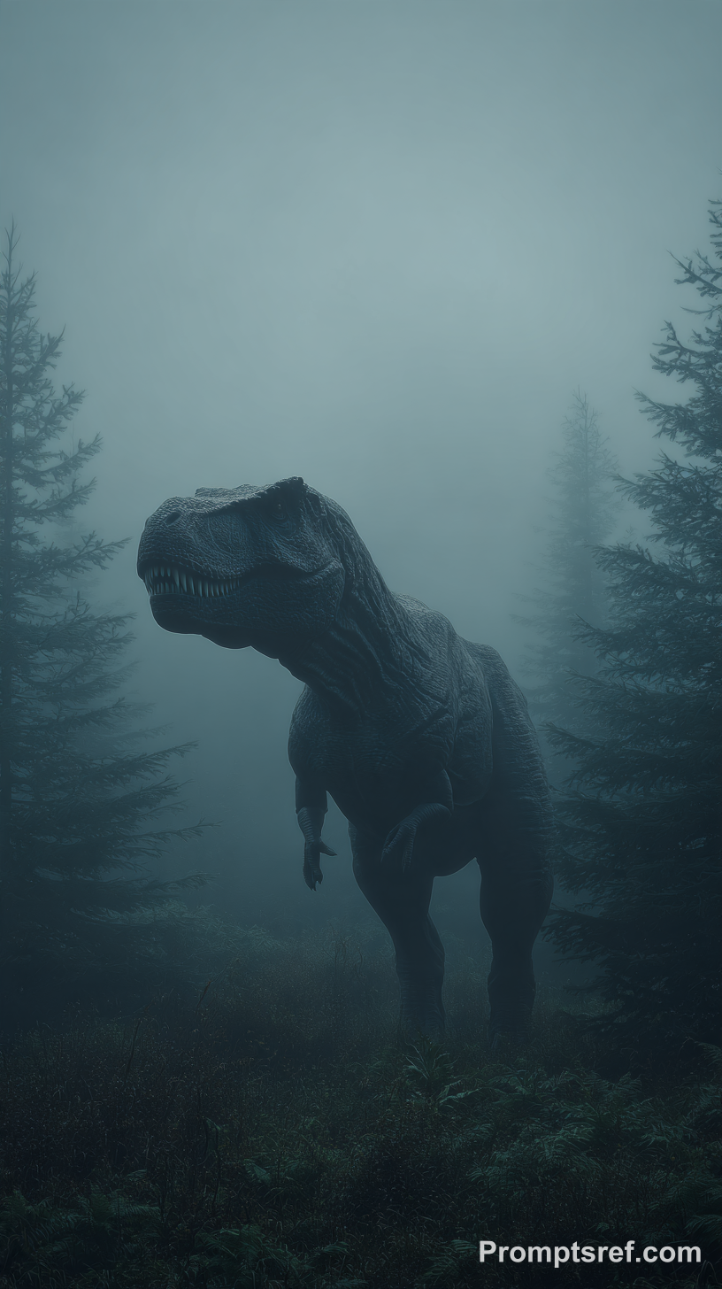 Silent T. Rex in Muted Primeval Fog
