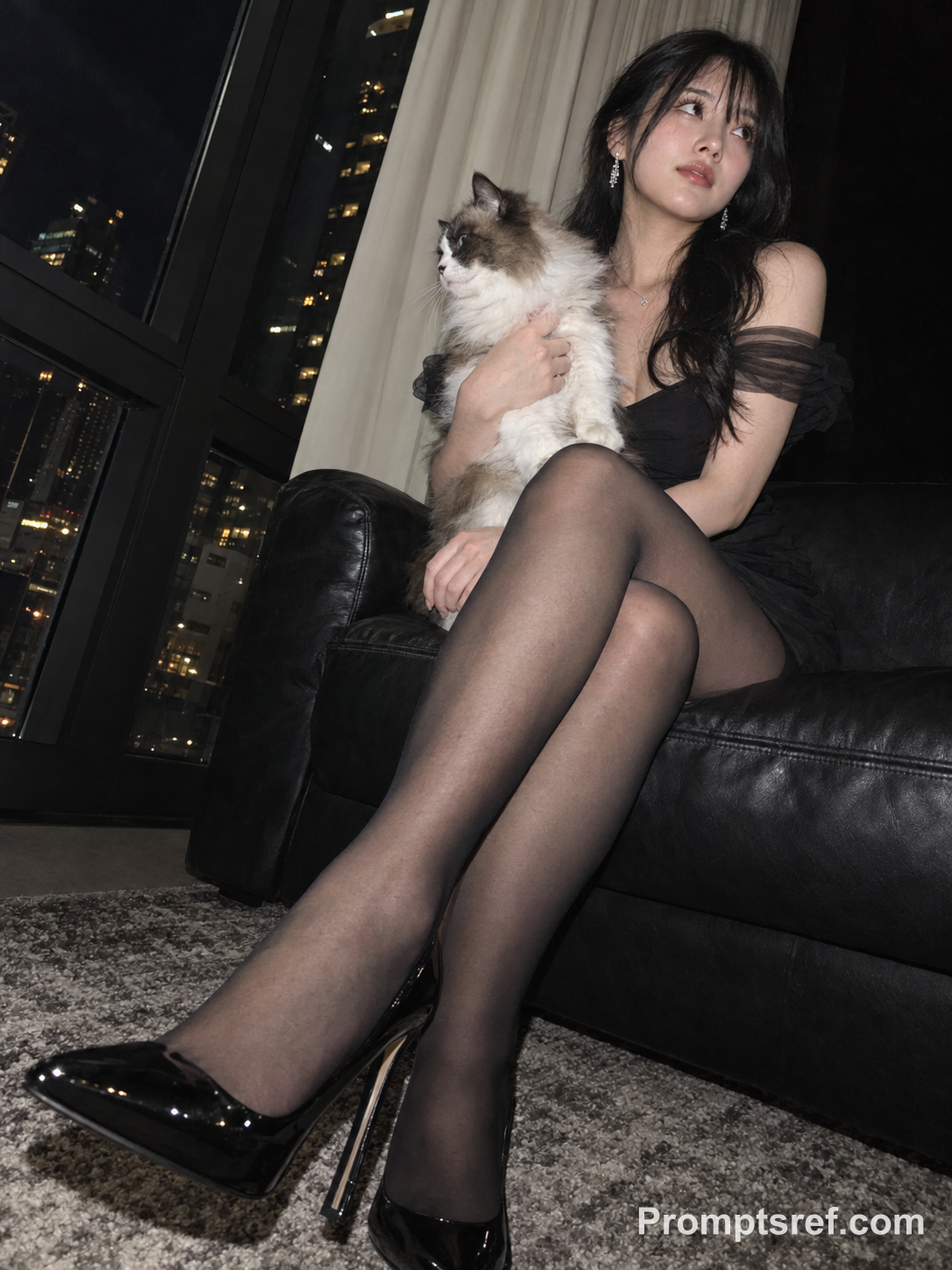 Direct-Flash Portrait with Cat on Leather Sofa