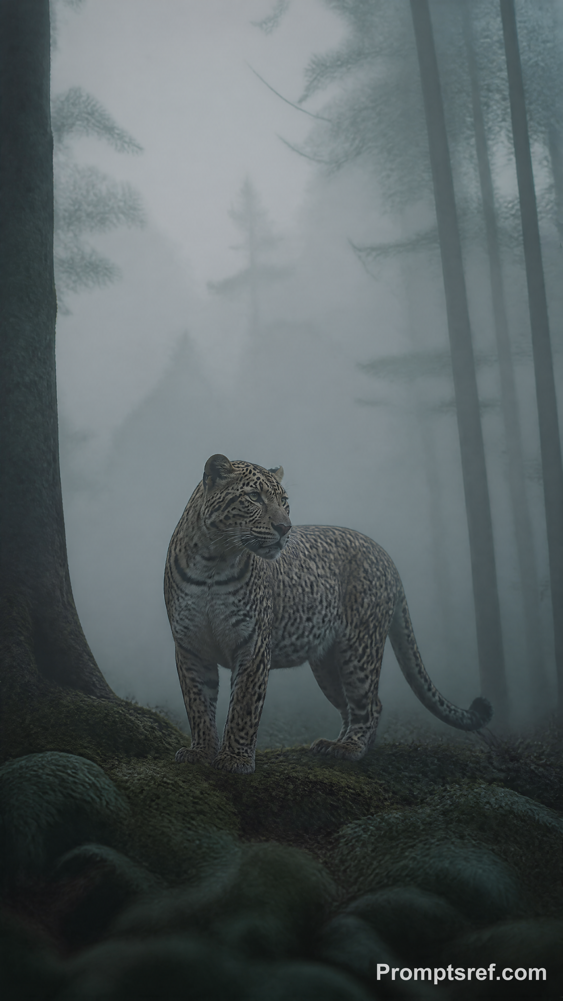 Stiller Leopard im Gedämpften Nebelurwald