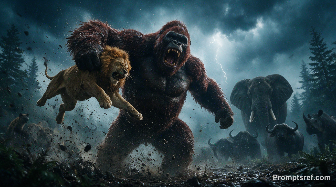 Gigantopithecus Hurls Lion Beneath Lightning