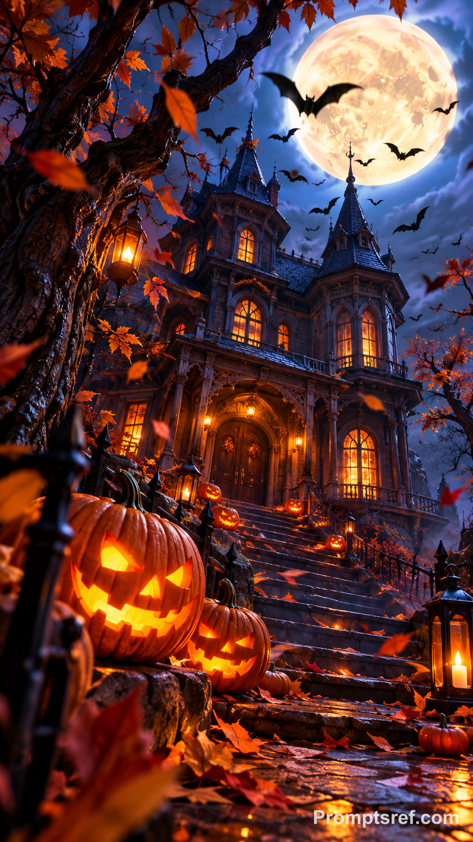 Trippy 3D Jack-o'-Lanterns at Moonlit Mansion