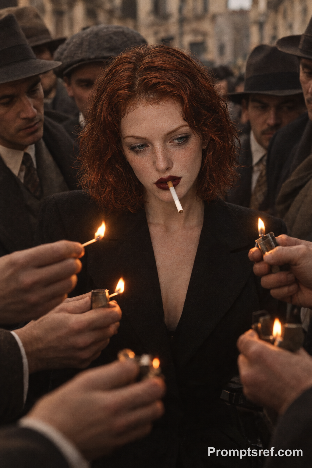 Melancholic Woman Amid Flickering 1940s Flames