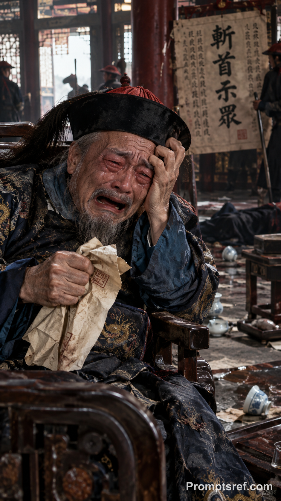 Desperate Qing Official in a Chaotic Hall