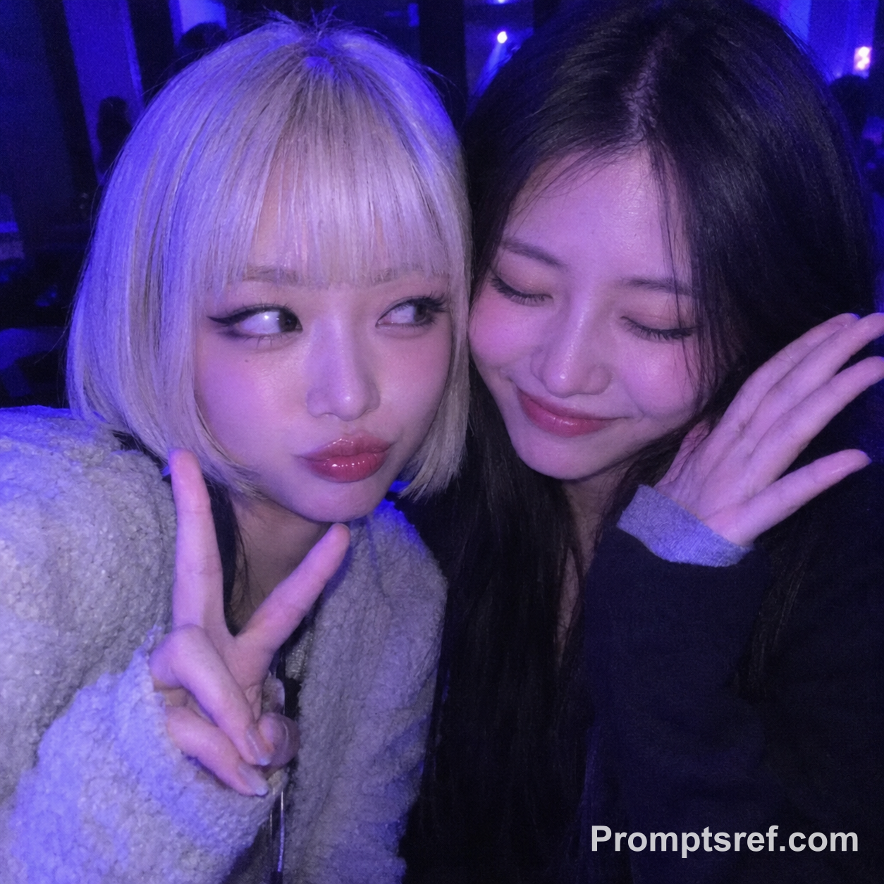 Violet-Blue Nightclub Selfie with Two Friends