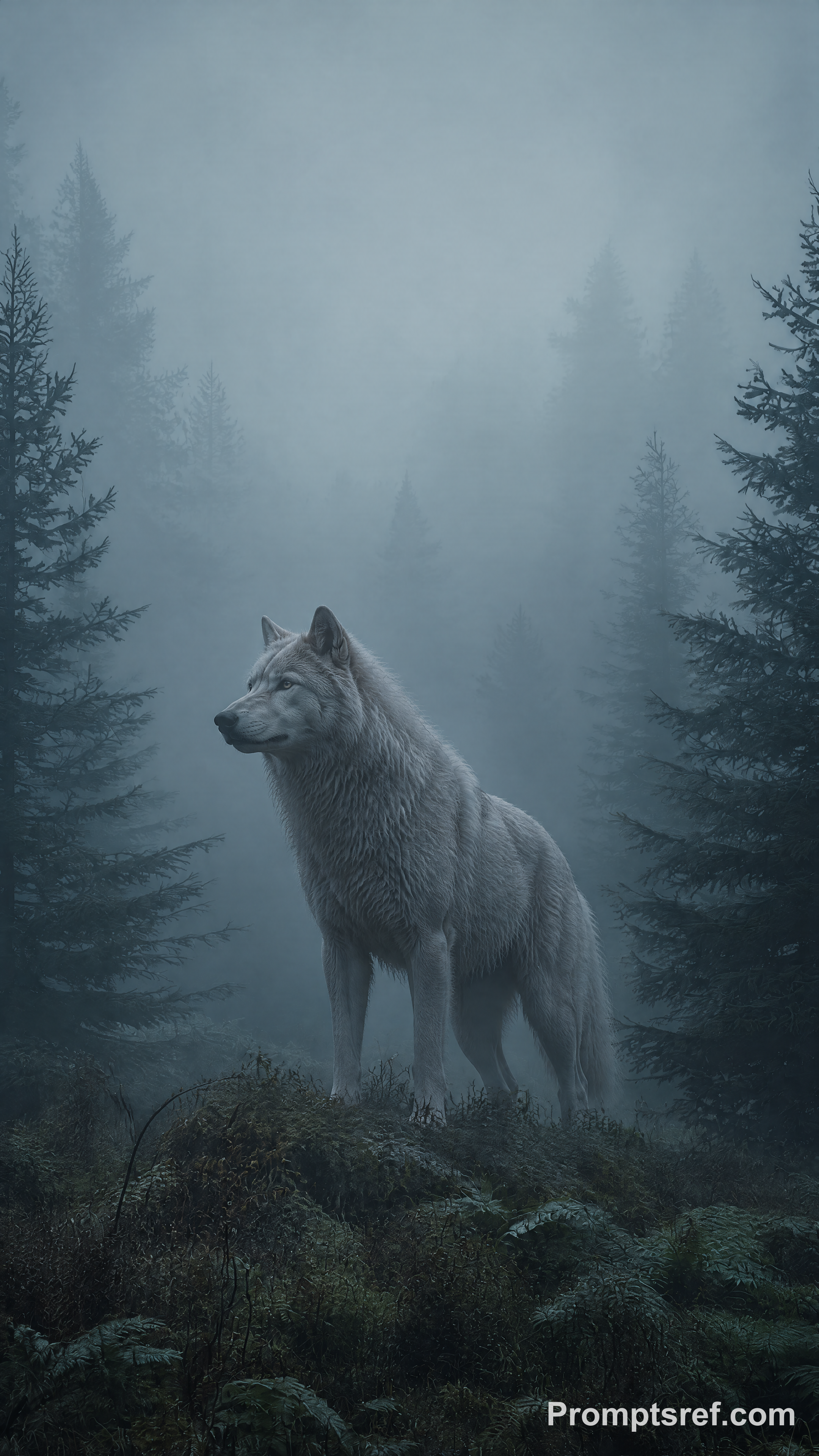 Schweigender weißer Wolf im Urnebel