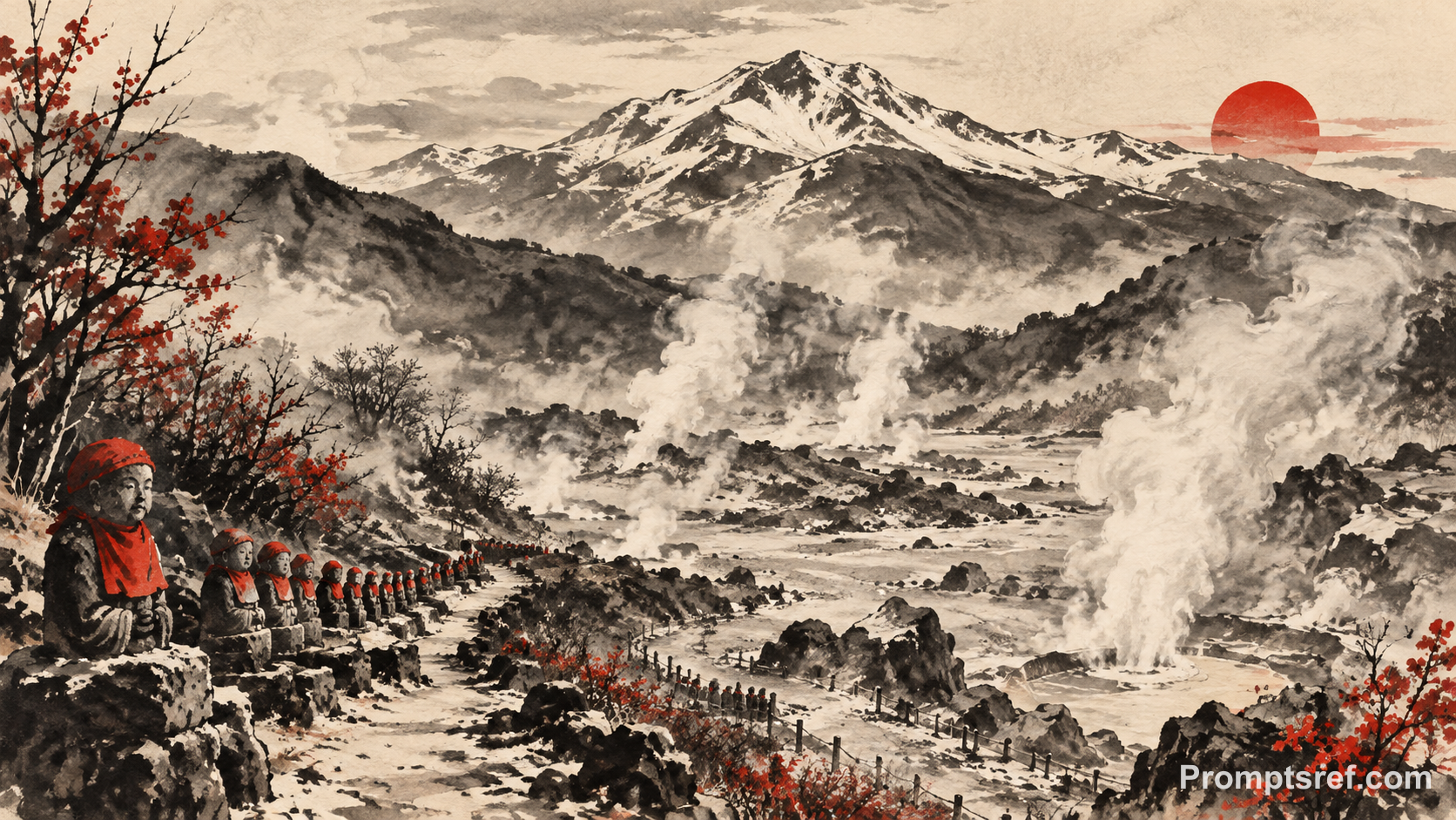 Vermilionrote Jizō im Sumi-e-Schwefeltal