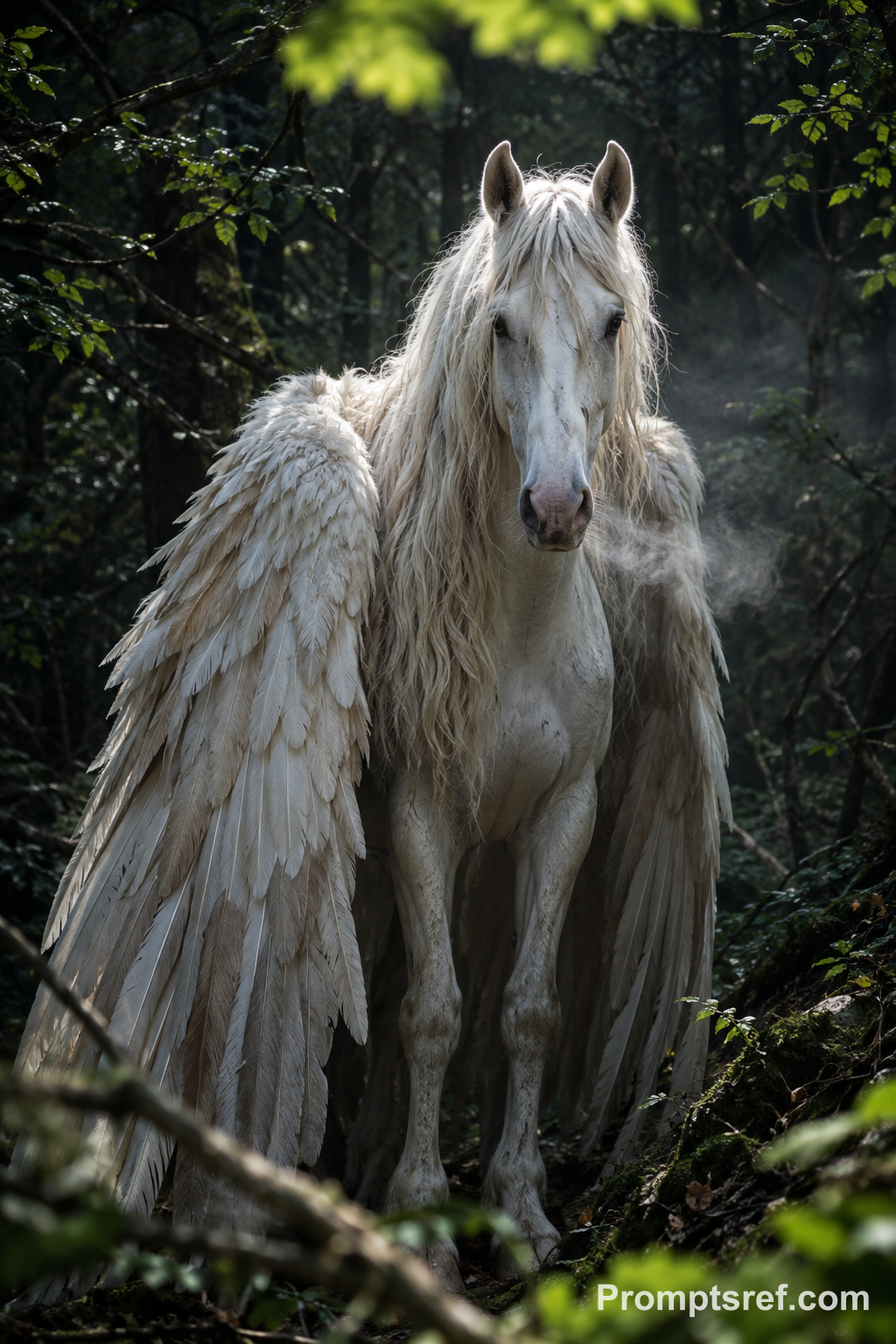 Weißer Pegasus im schattigen Wald