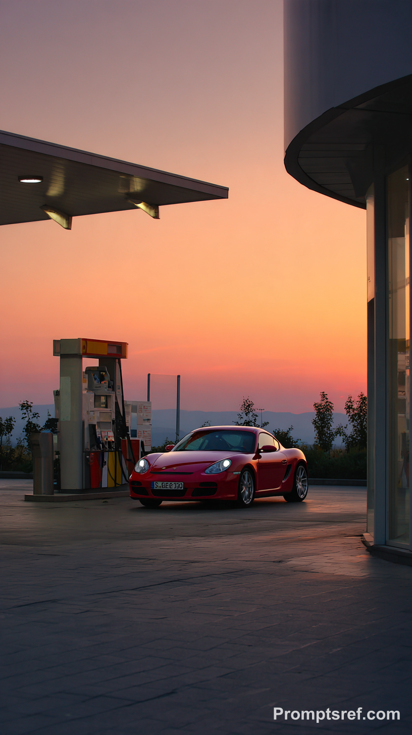 Minimalistischer realistischer Porsche an der Tankstelle