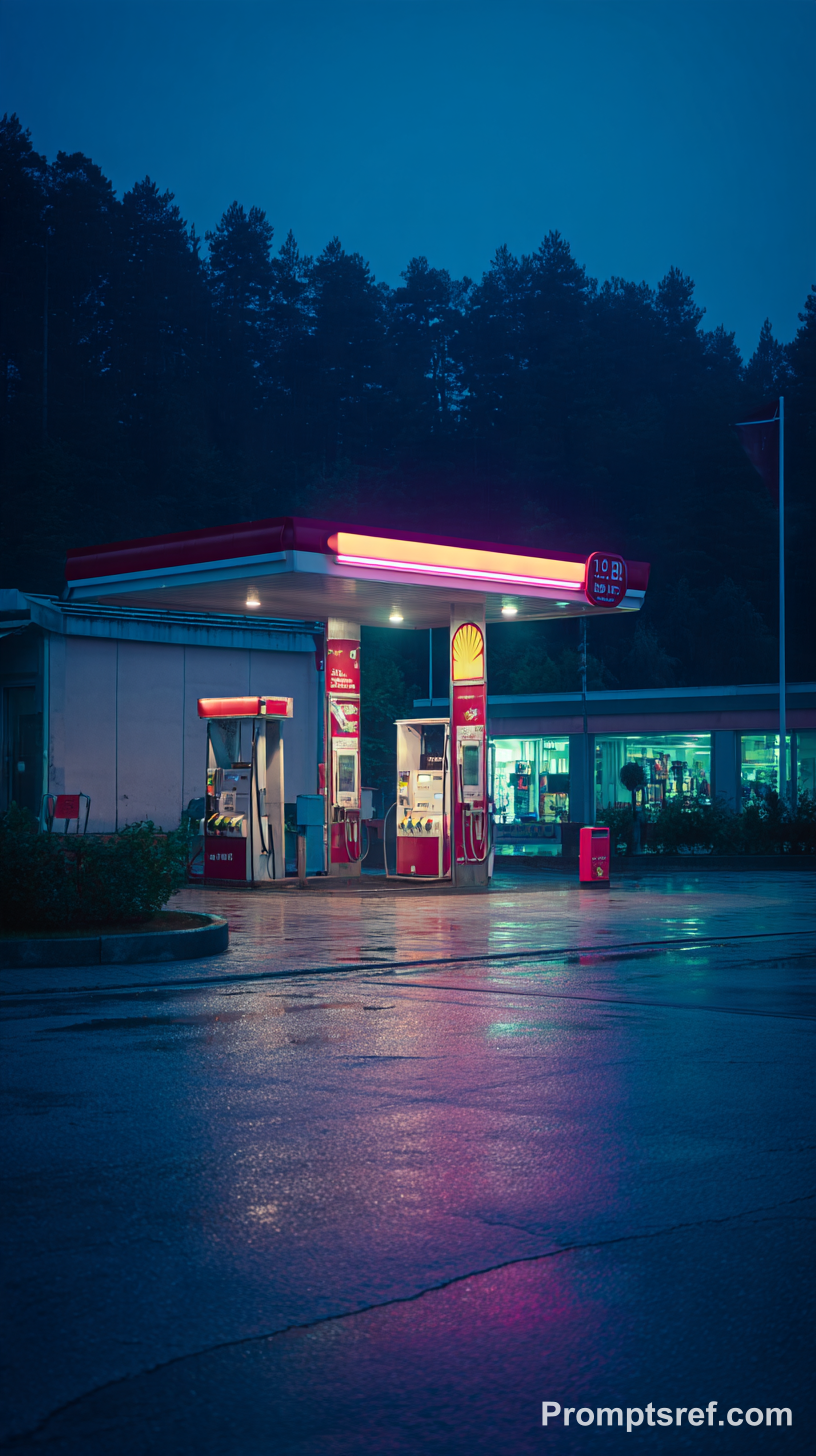 Realistischer Porsche an einer minimalistischen Tankstelle
