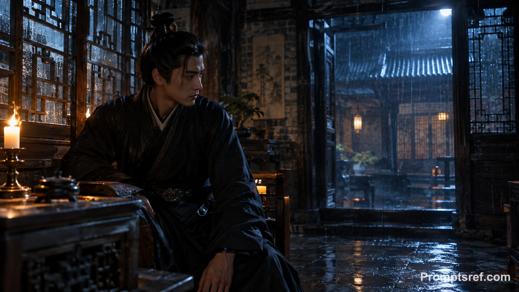 Rain-Soaked Qing Dynasty Courtyard at Midnight