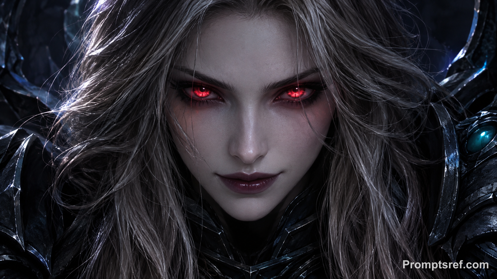 Crimson-Eyed Warrior in Shadowed Armor