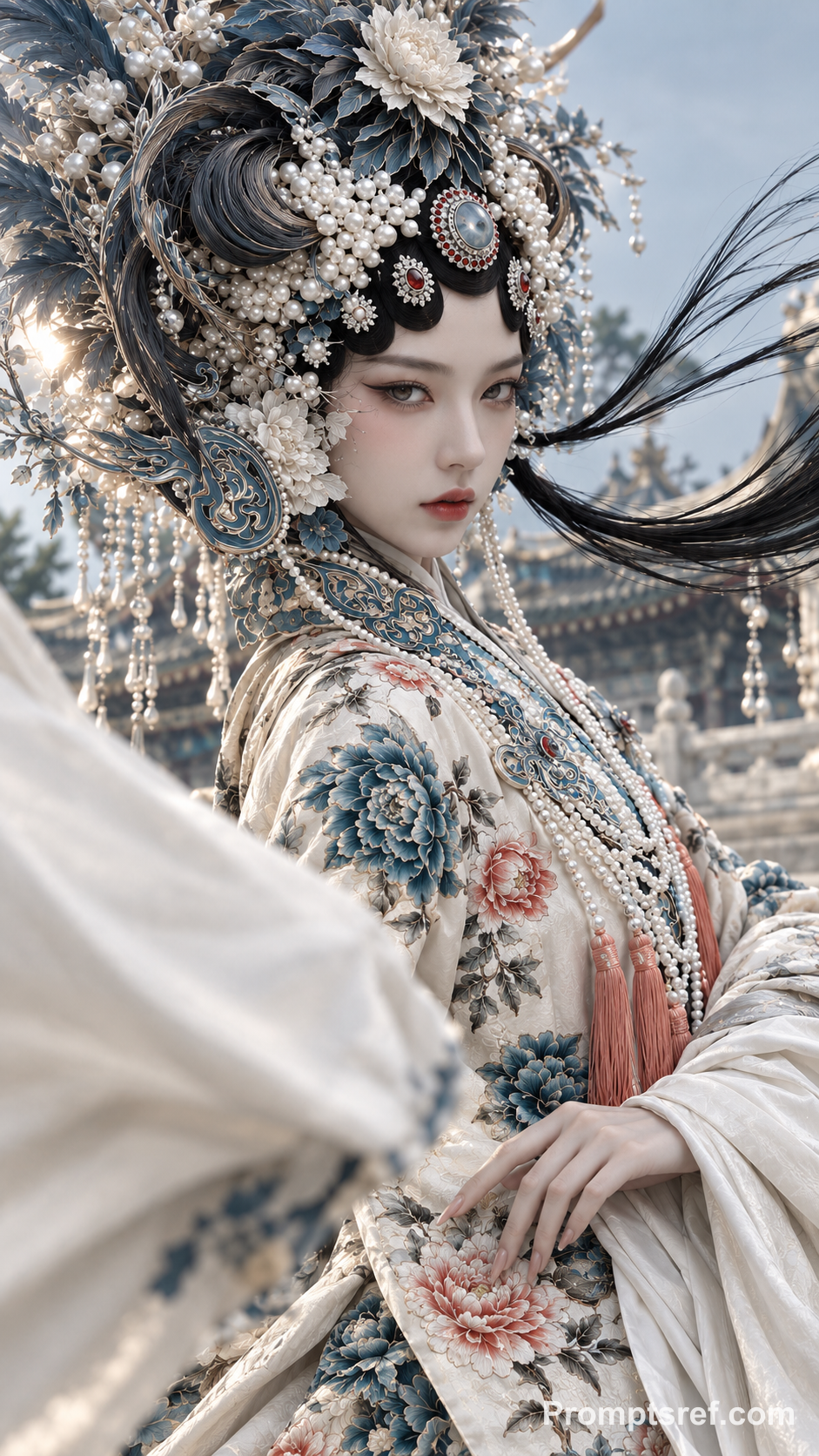Quiet Glance in Pearl-Heavy Court Silk