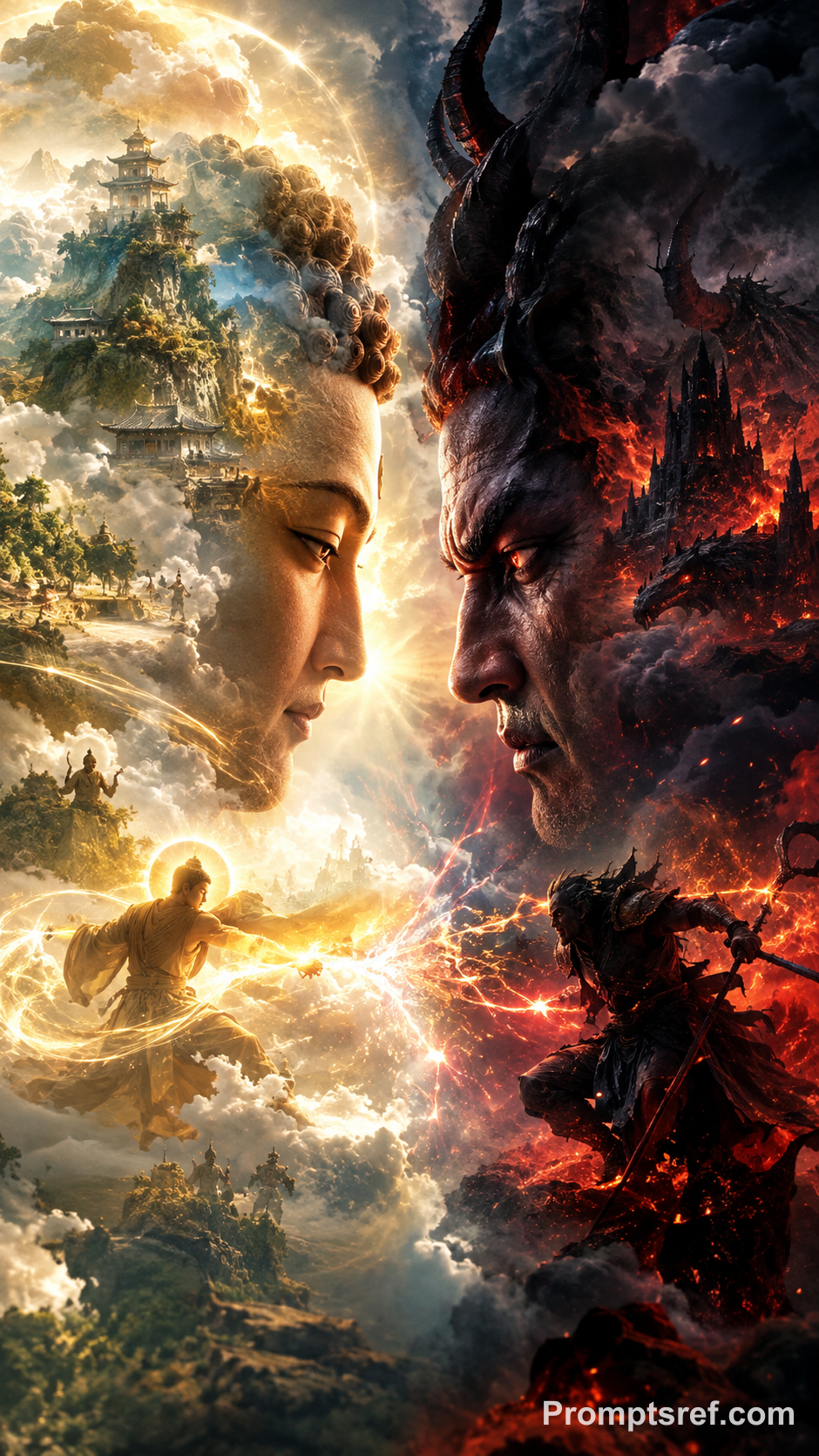 Buddha and Demon in Cinematic Double Exposure
