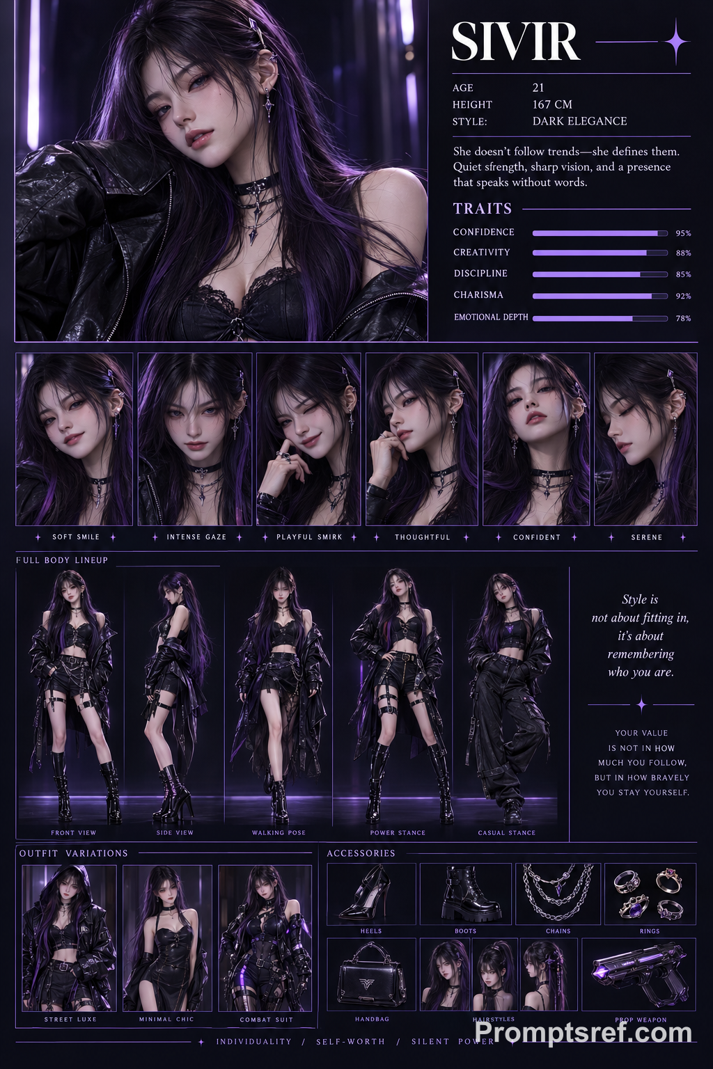 Póster de personaje con elegancia oscura violeta