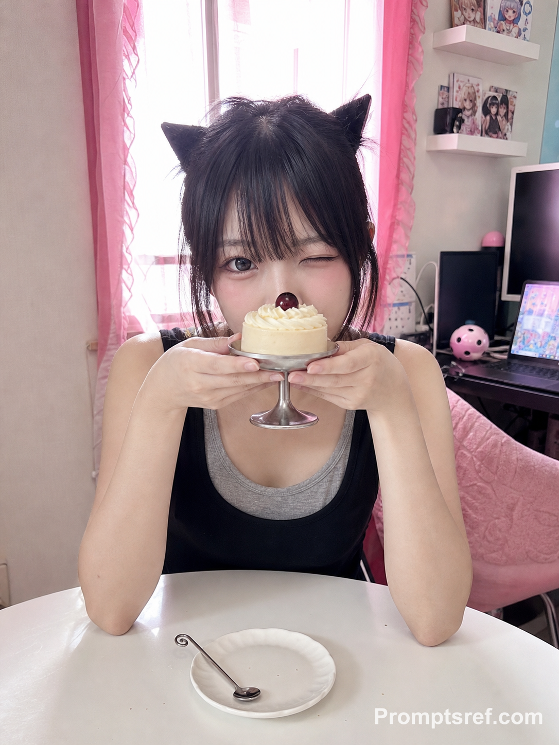 Fille aux oreilles de chat et gâteau crème