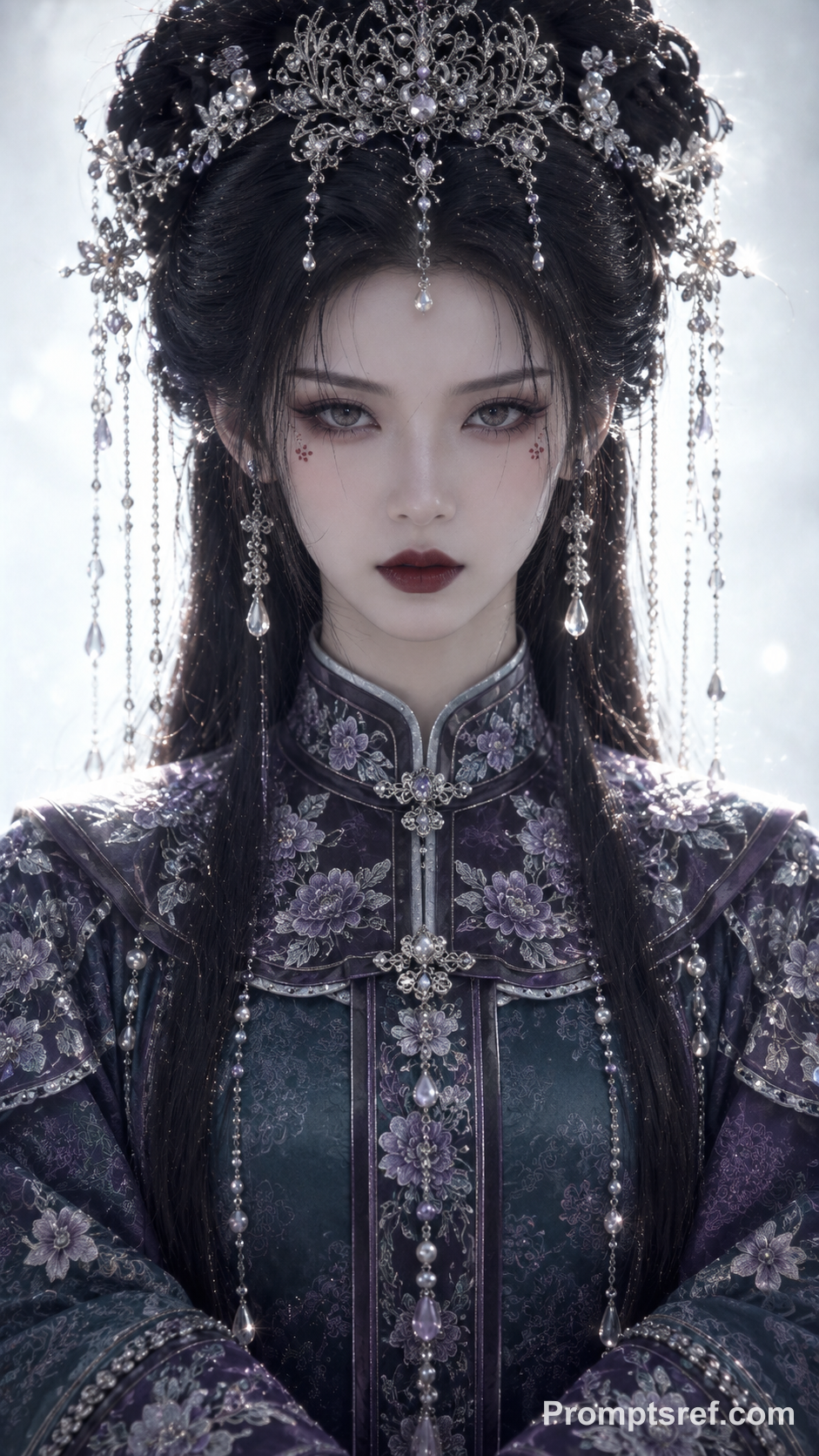 Dama de corte Qing en seda violeta y jade