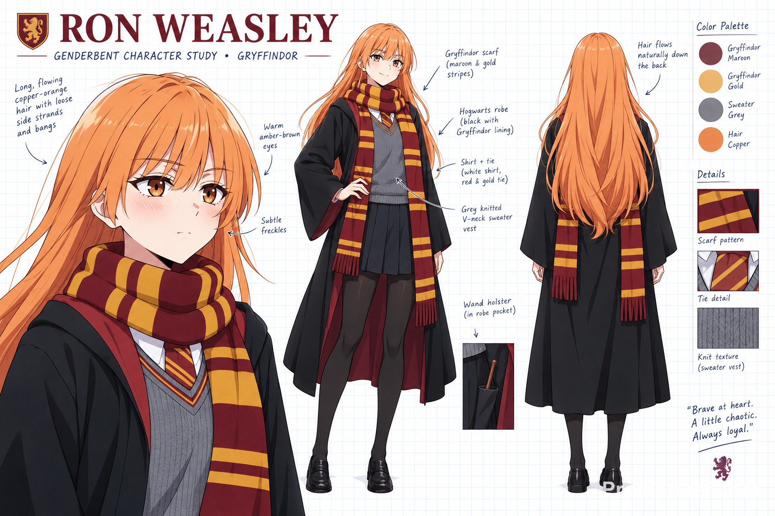 Hoja de personaje de Ron Weasley genderbend en cuadrícula