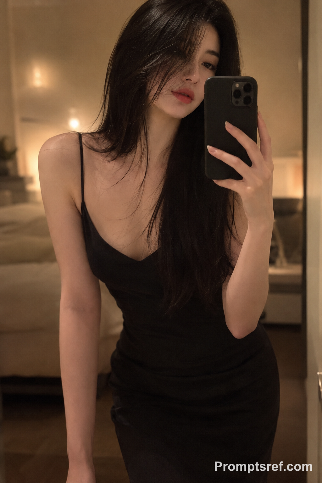 Spiegel-Selfie im schwarzen Kleid mit warmem Bokeh