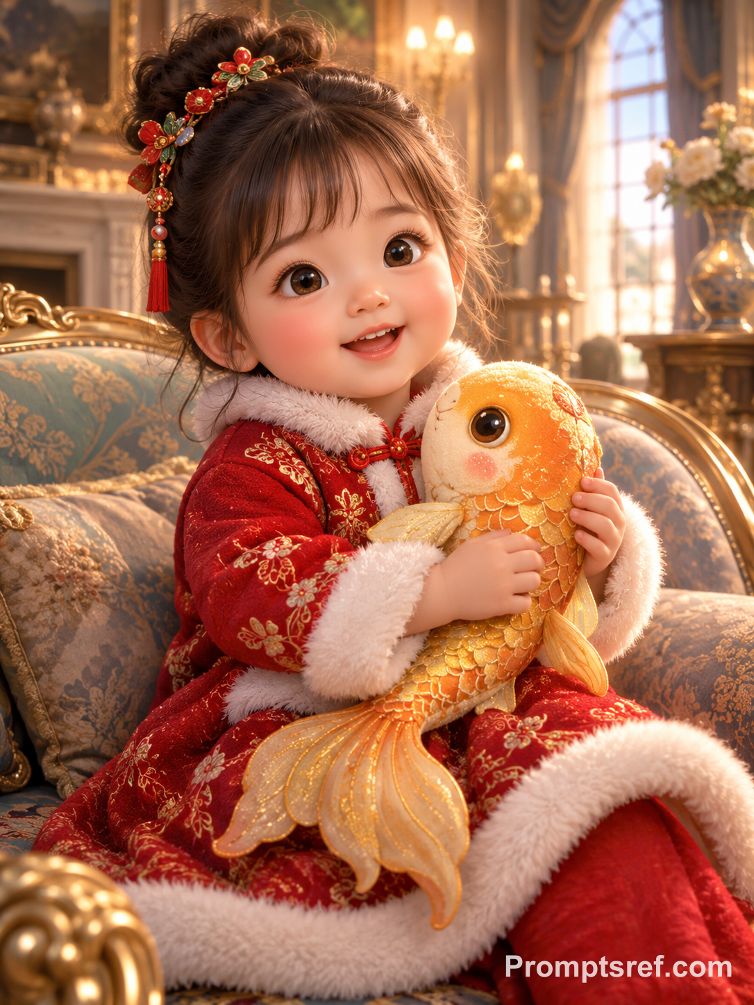 Китайская девочка с золотым карпом кои в стиле Pixar