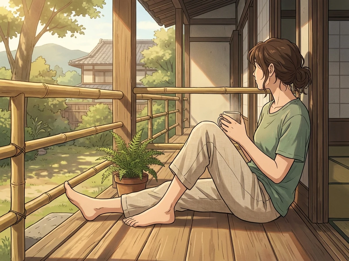 Anime adult character seated on a sunny veranda with both feet visible