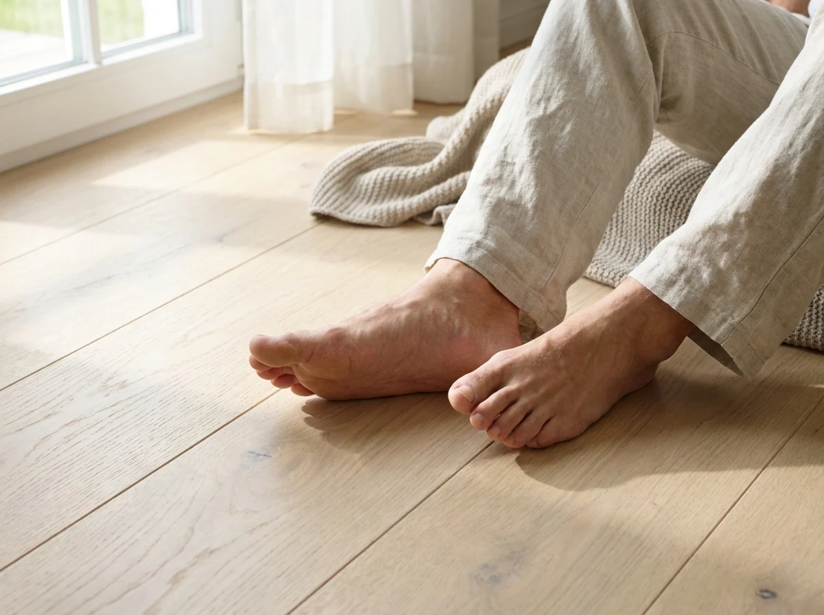Realistic close-up of adult bare feet on a wooden floor created with the AI Feet Generator