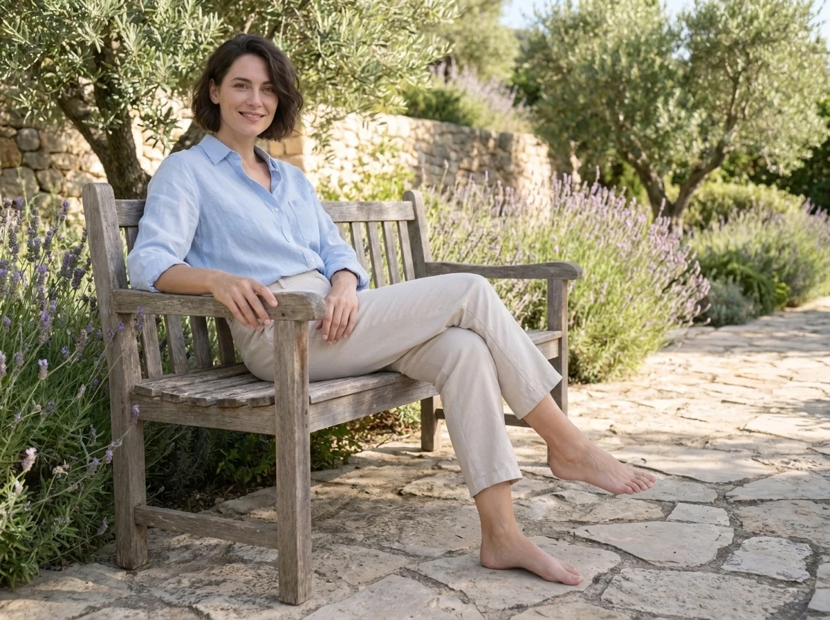 Adult seated on a garden bench with legs crossed, one bare foot on the stone path and the other raised