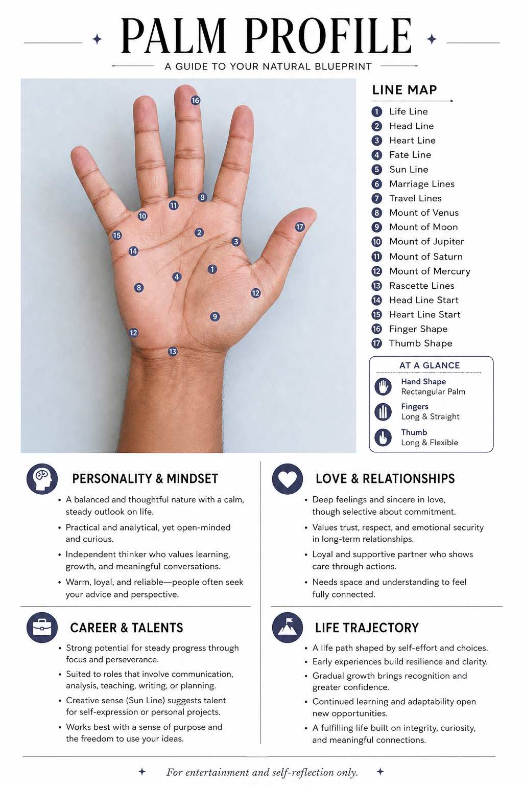 Minimal AI palm reading infographic with line labels and reflection sections