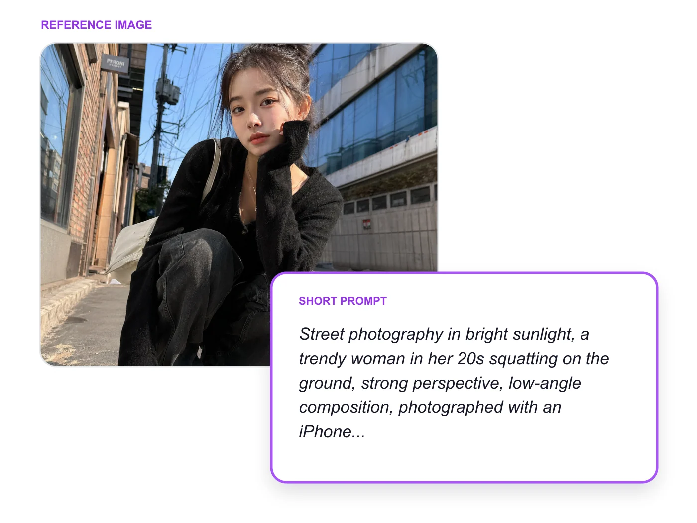 Reference street photo paired with a short natural-language prompt