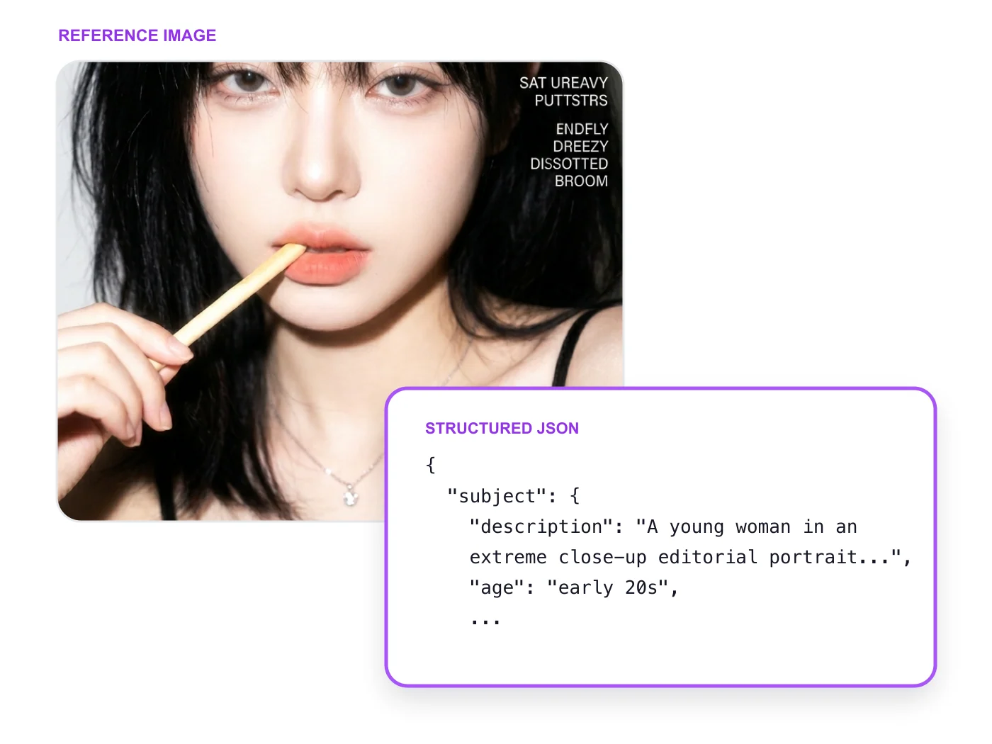 Reference portrait paired with a shortened structured JSON prompt