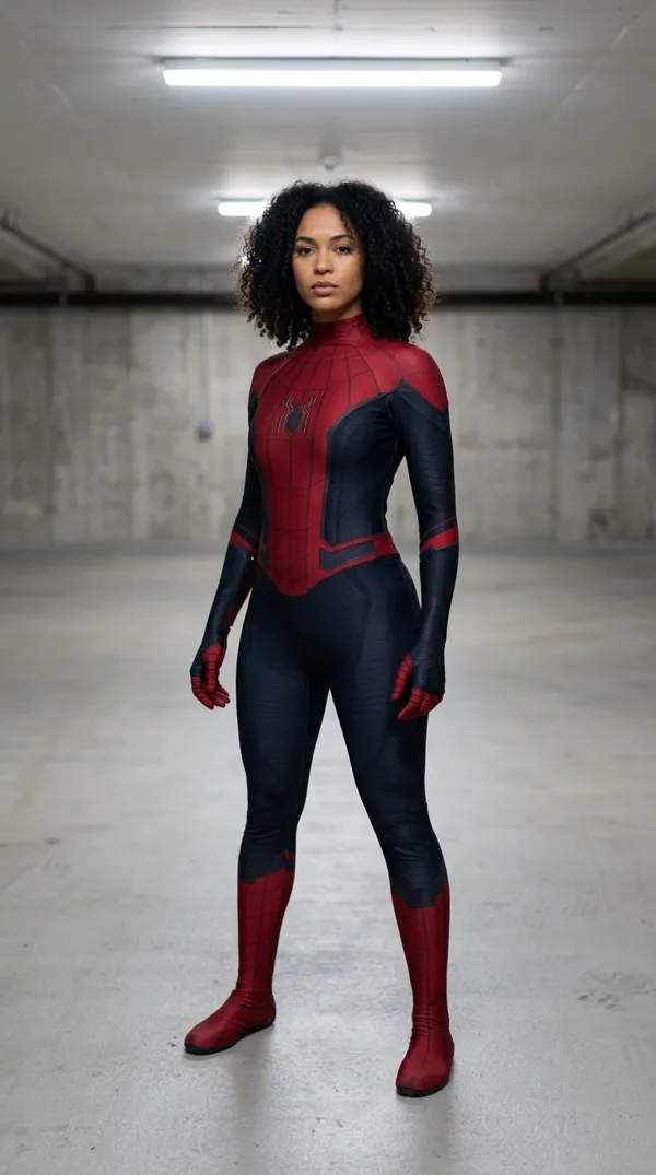 Mujer con traje inspirado en Spider-Man en un garaje subterráneo