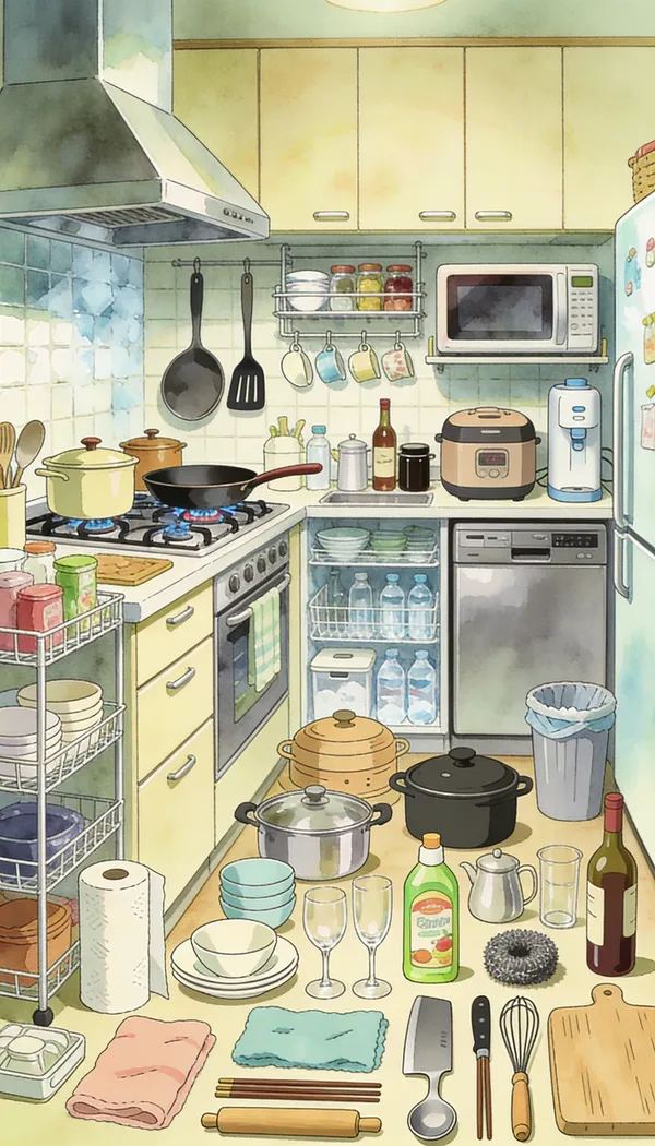 Максималистская современная кухня в анимации пером и акварелью