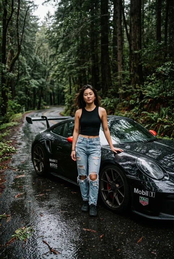 Девушка у гоночного Porsche на мокрой лесной дороге