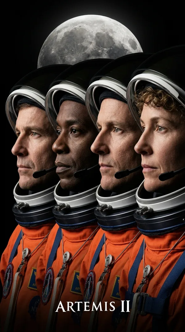 Экипаж Artemis II в профиль на фоне Луны