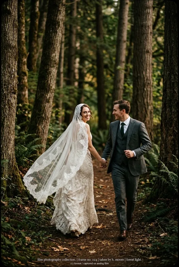 Recién casados corriendo de la mano por el bosque