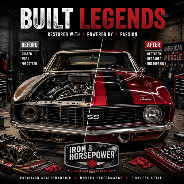 Póster del antes y después de la restauración de un muscle car clásico