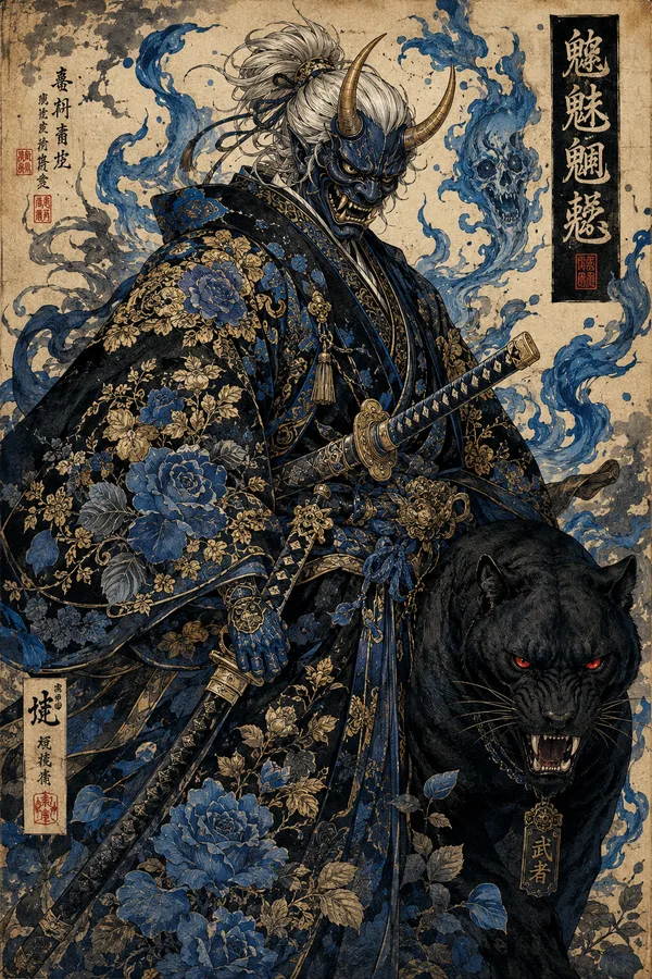 Ukiyo-e d’un samouraï oni et d’une panthère noire