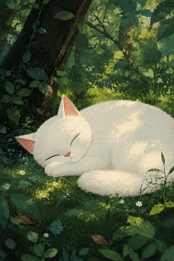 White Cat Sleeping in the Forest