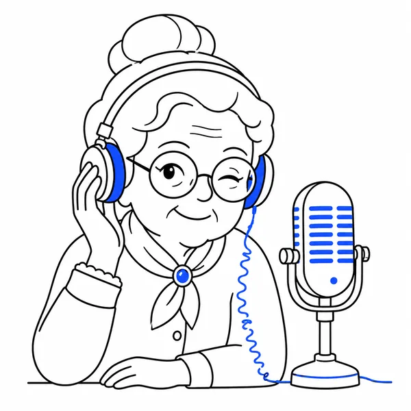 Abuela espía ante un micrófono retro