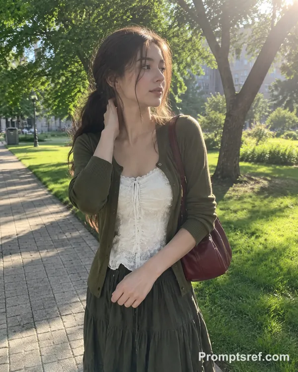 Молодая женщина в парке, винтажное зерно