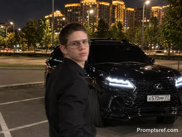 Парень оборачивается у чёрного Lexus, ночной снимок на iPhone