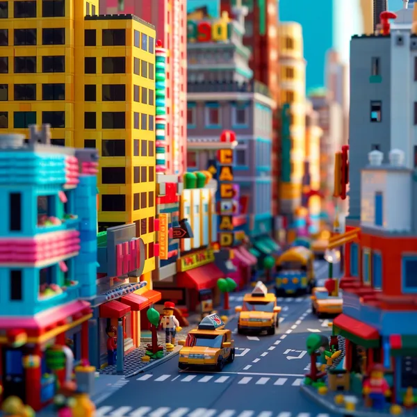 Миниатюрный город LEGO с жёлтыми такси